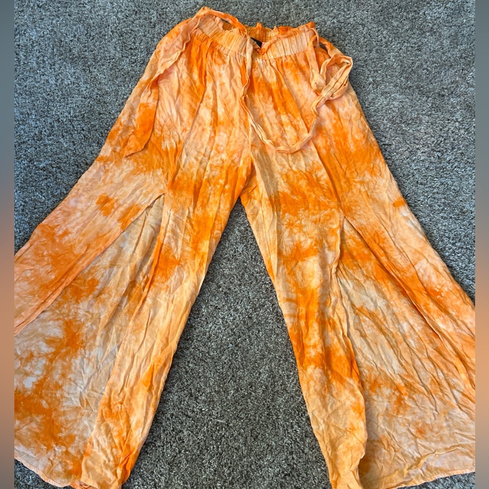 Maverick The Collection Women’s Orange Tie-Dye Open Leg Pants Sz Small